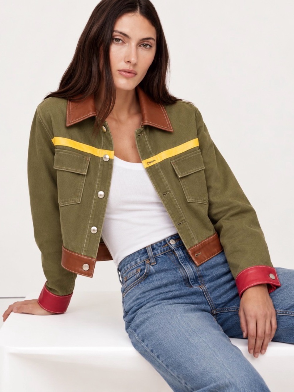 STAUD Paloma Colorblock Cropped Jacket Olive Green Size S